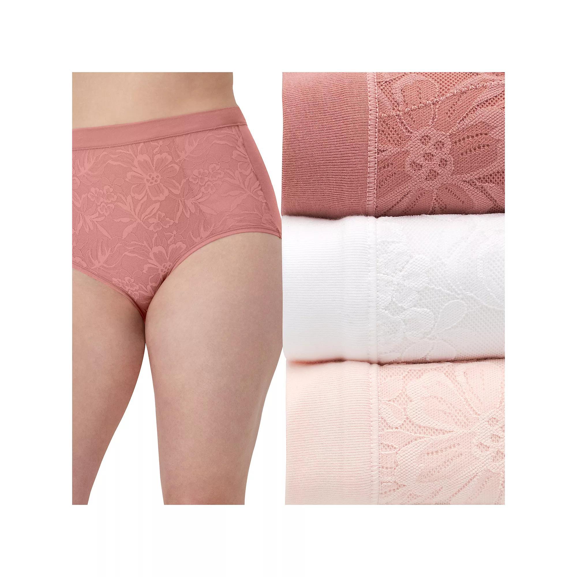 Bali Breathe Cotton Modal 3-Pack Lace High Rise Briefs DFCLB3, Women's, Size: 9, Brown White Brown Product Image