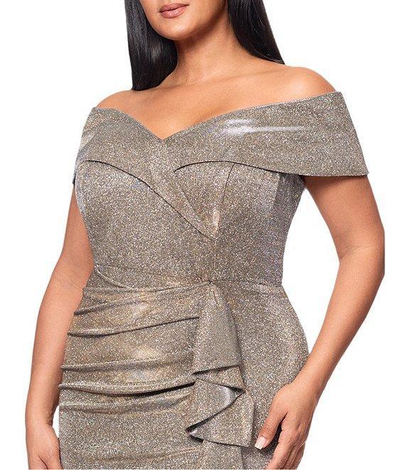 Xscape Plus Size Off-the-Shoulder Sweetheart Neck Short Sleeve Cascading Ruffle Sheath Dress Product Image