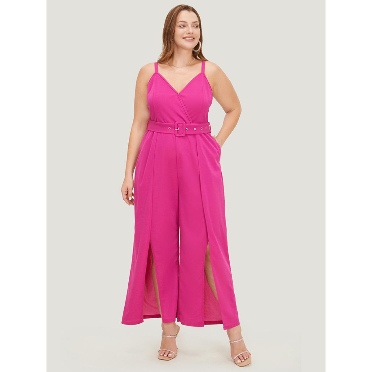 Plus Size Magenta Plain Pocket Wrap Buckle Belt Jumpsuit Women Glamour Sleeveless Spaghetti Strap Going out Loose Jumpsuits BloomChic 18-20/2X Product Image