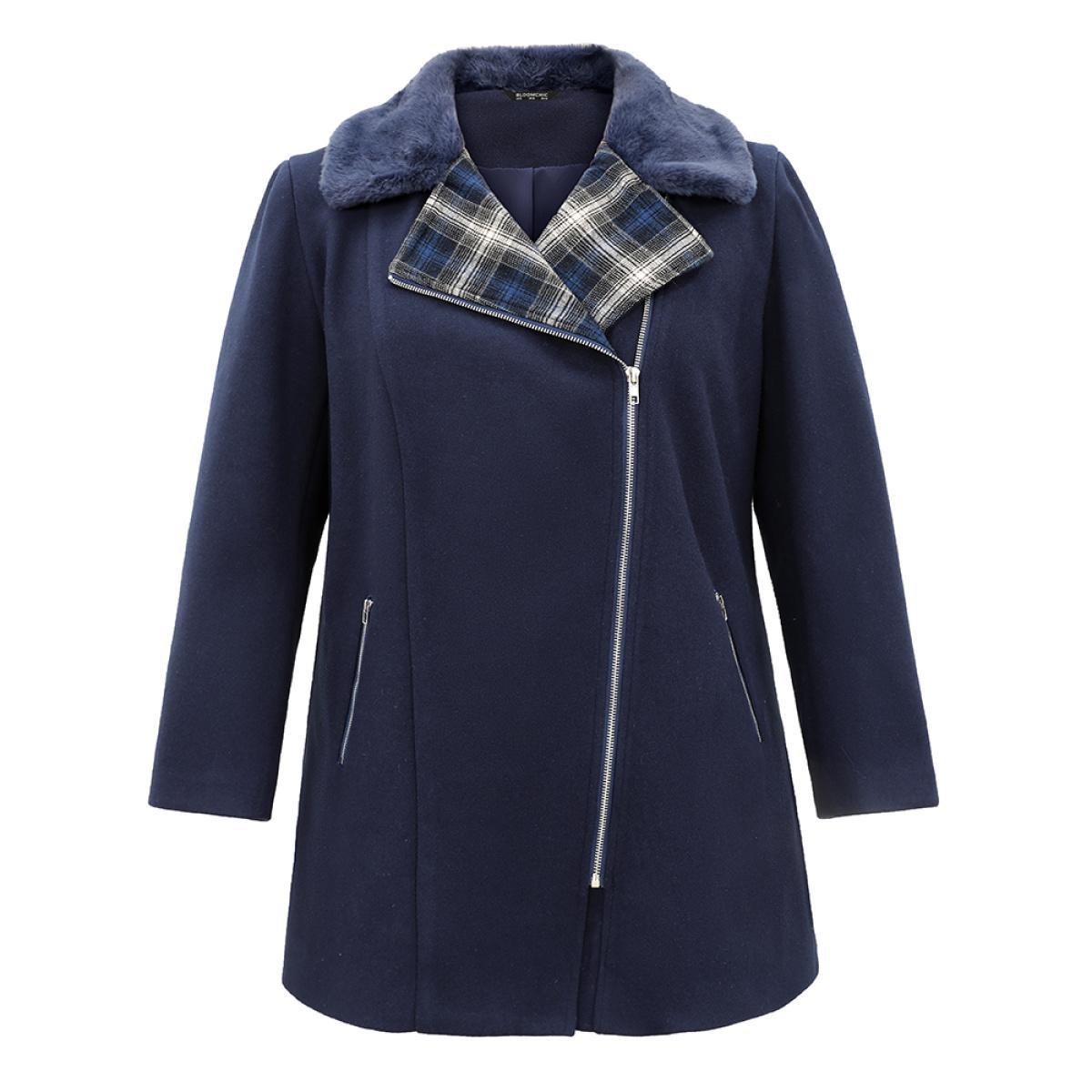 Plus Size Plaid Asymmetrical Lapel Collar Patchwork Fuzzy Trim Coat Women Indigo Casual Lined Ladies Dailywear Winter Coats BloomChic 22-24/3X Product Image