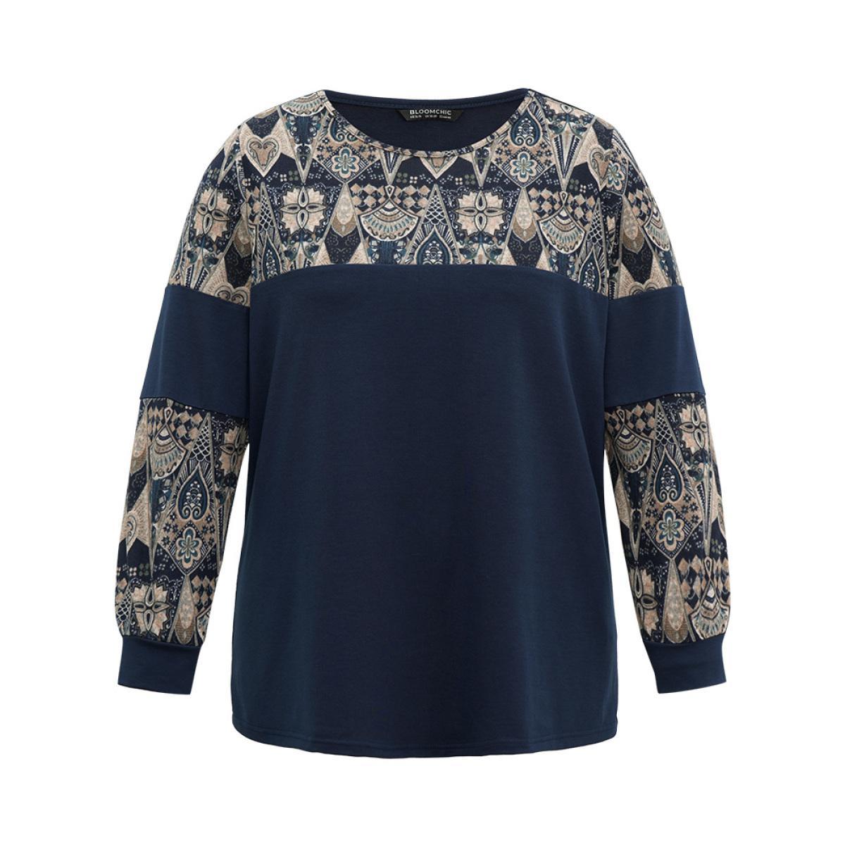 Plus Size Boho Print Patchwork Round Neck Sweatshirt Women DarkBlue Casual Printed Round Neck Dailywear Sweatshirts BloomChic 12/L Product Image