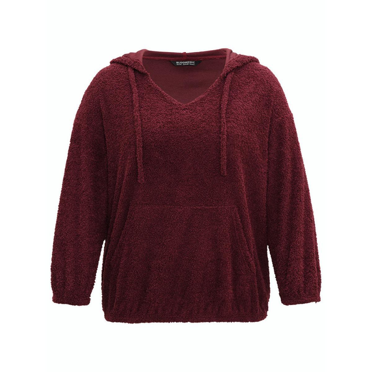 Plus Size Fuzzy Solid Hooded Pocket Ties Sweatshirt Women Burgundy Casual Elastic cuffs Hooded Dailywear Sweatshirts BloomChic 26/4X Product Image