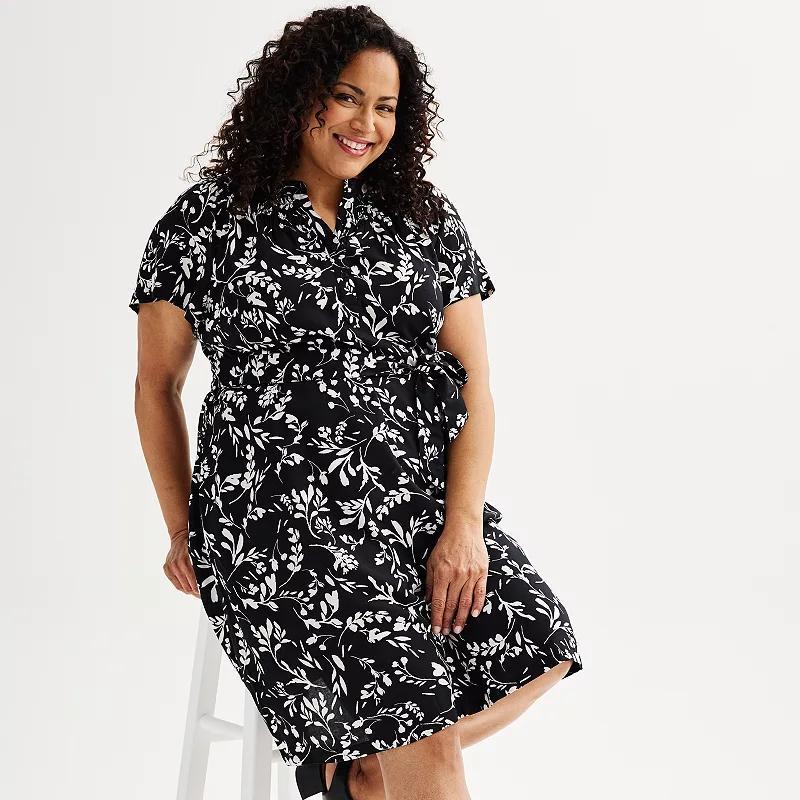 Plus Size Croft & Barrow® Smocked Button Front Tie Waist Short Sleeve Dress, Women's, Size: 5XL, Navy Pink Leaves Product Image