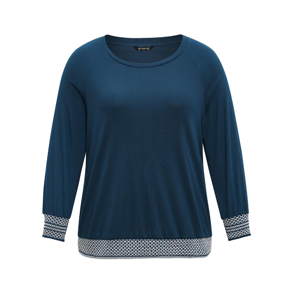 Plus Size Round Neck Shirred Contrast Raglan Sleeve T-shirt Indigo Women Elegant Contrast Plain Round Neck Dailywear T-shirts BloomChic 22-24/3X Product Image