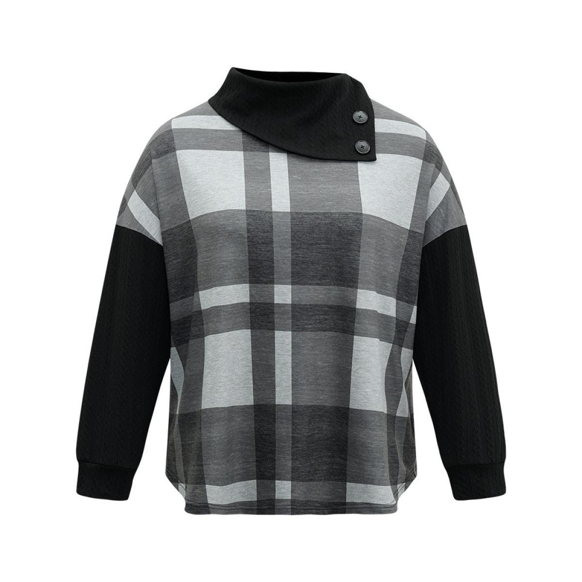 Plus Size Plaid Patchwork Mock Neck Button Detail Sweatshirt Women Black Casual Contrast Mock Neck Dailywear Sweatshirts BloomChic 18-20/2X Product Image