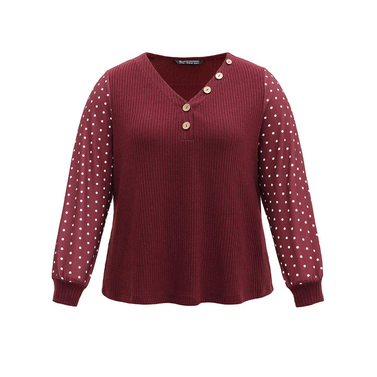Plus Size Polka Dot Patchwork Button Detail Rib Knit T-shirt Burgundy Women Casual Texture Polka Dot V-neck Dailywear T-shirts BloomChic 10/M Product Image
