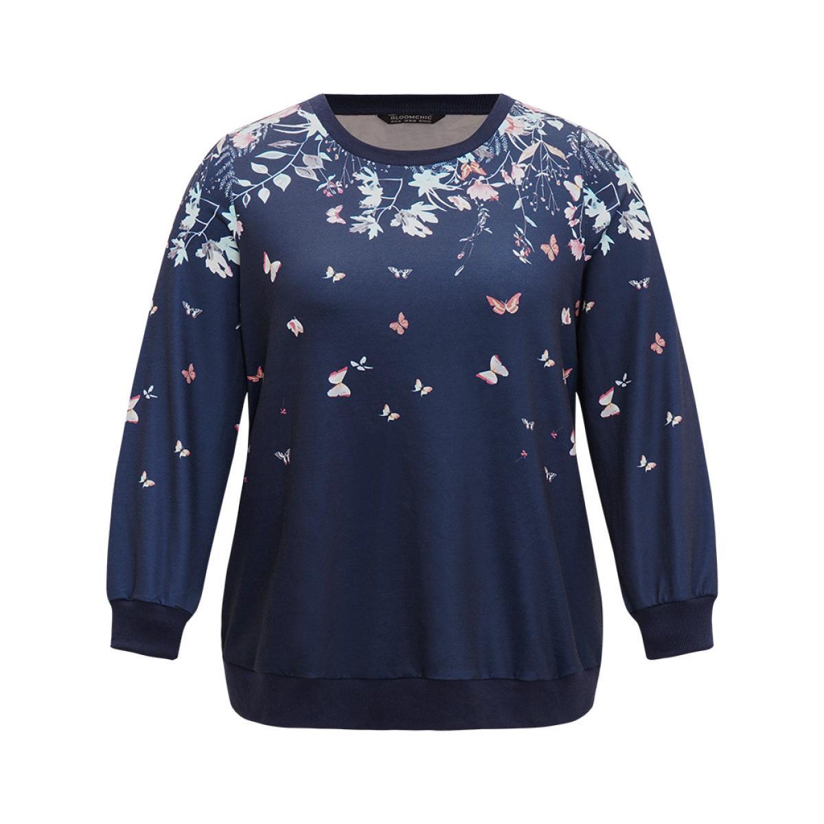Plus Size Boho Print Elastic Cuffs Round Neck Sweatshirt Women Blue Elegant Elastic cuffs Round Neck Dailywear Sweatshirts BloomChic 26/4X Product Image
