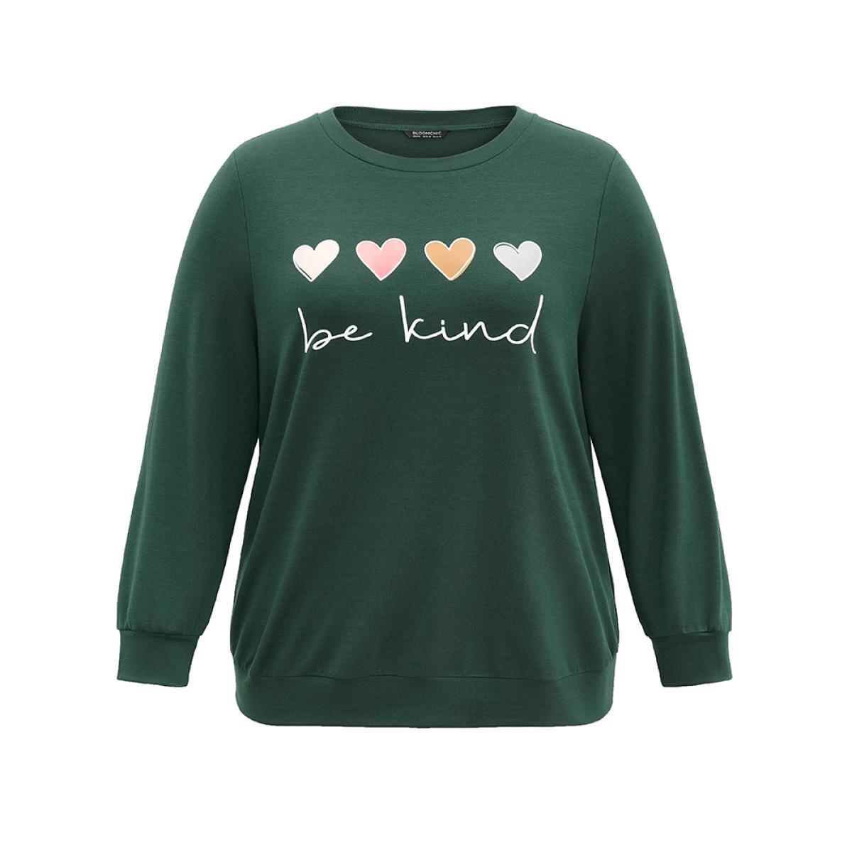 Plus Size Slogans Heart Print Round Neck Sweatshirt Women DarkGreen Casual Printed Dailywear Sweatshirts BloomChic 14-16/1X Product Image