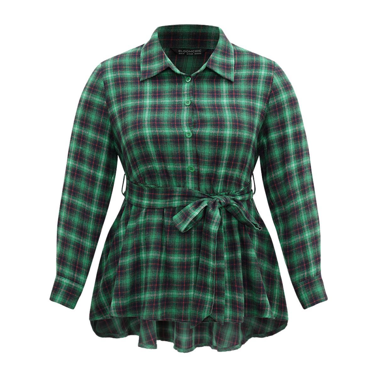 Plus Size Green Shirt Collar Plaid Belted High Low Hem Blouse Women Elegant Long Sleeve Shirt collar Festival-Christmas Blouses BloomChic 28/5X Product Image