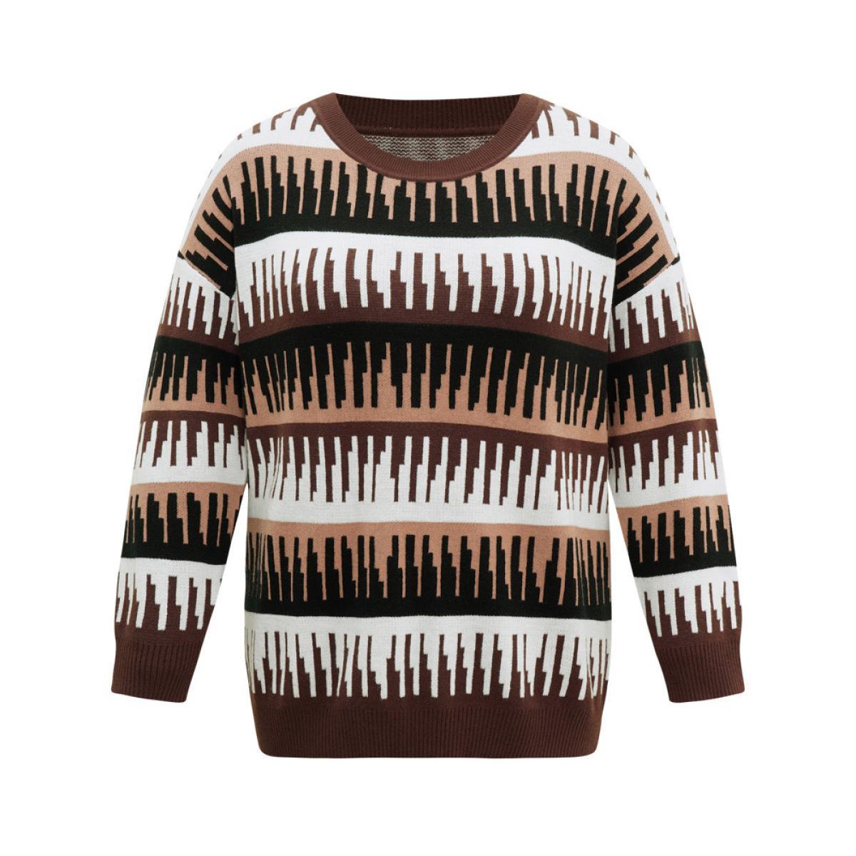 Plus Size Supersoft Essentials Colorblock Geo Elastic Cuffs Pullover DarkBrown Women Casual Loose Long Sleeve Round Neck Dailywear Pullovers BloomChic 12/L Product Image