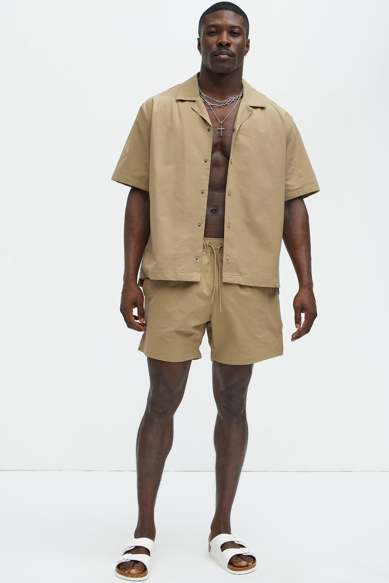 Seersucker Short Sleeve Cuban Collar Shirt - Khaki Product Image