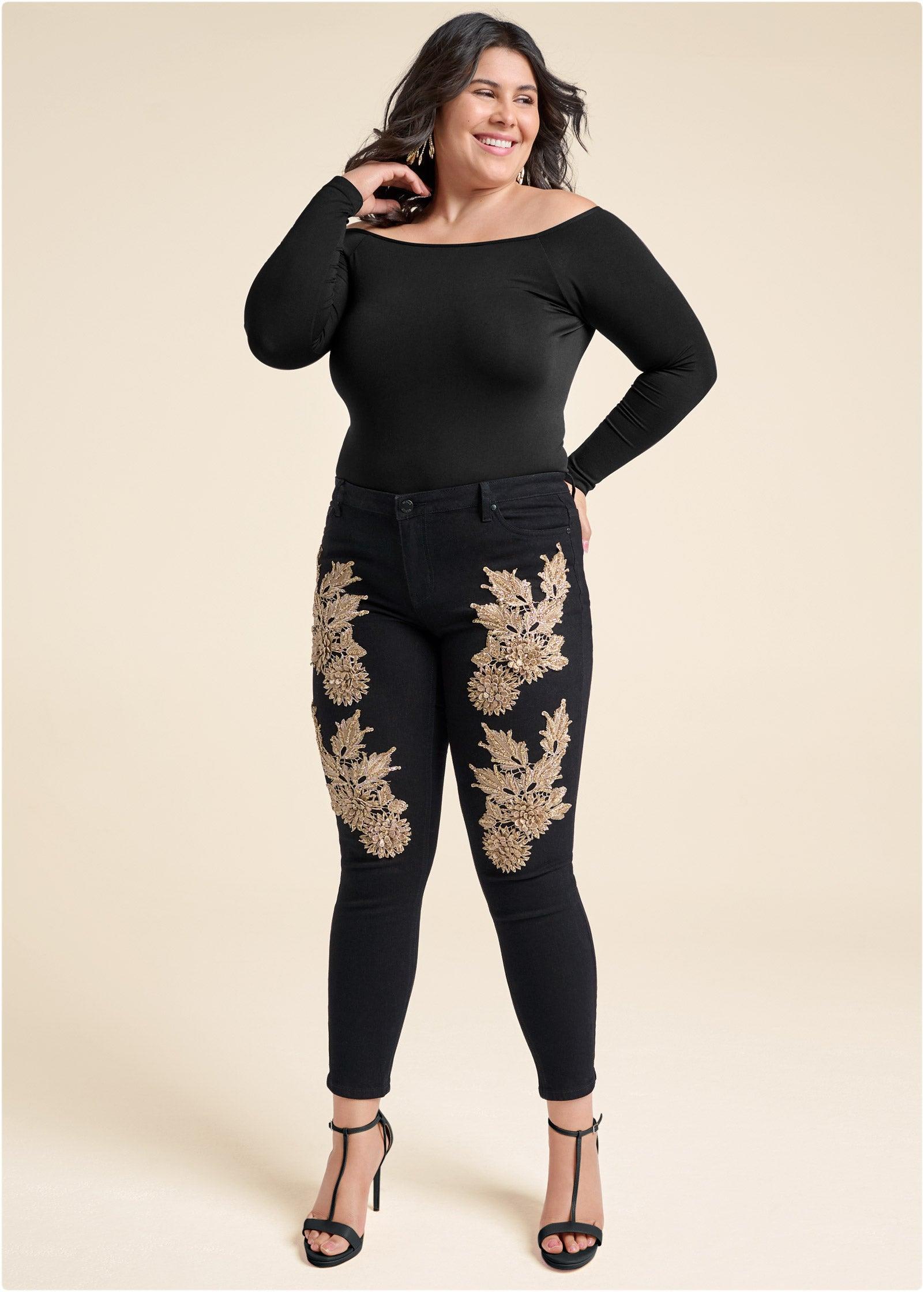 Floral Embellished Jeans - Black Multi Product Image