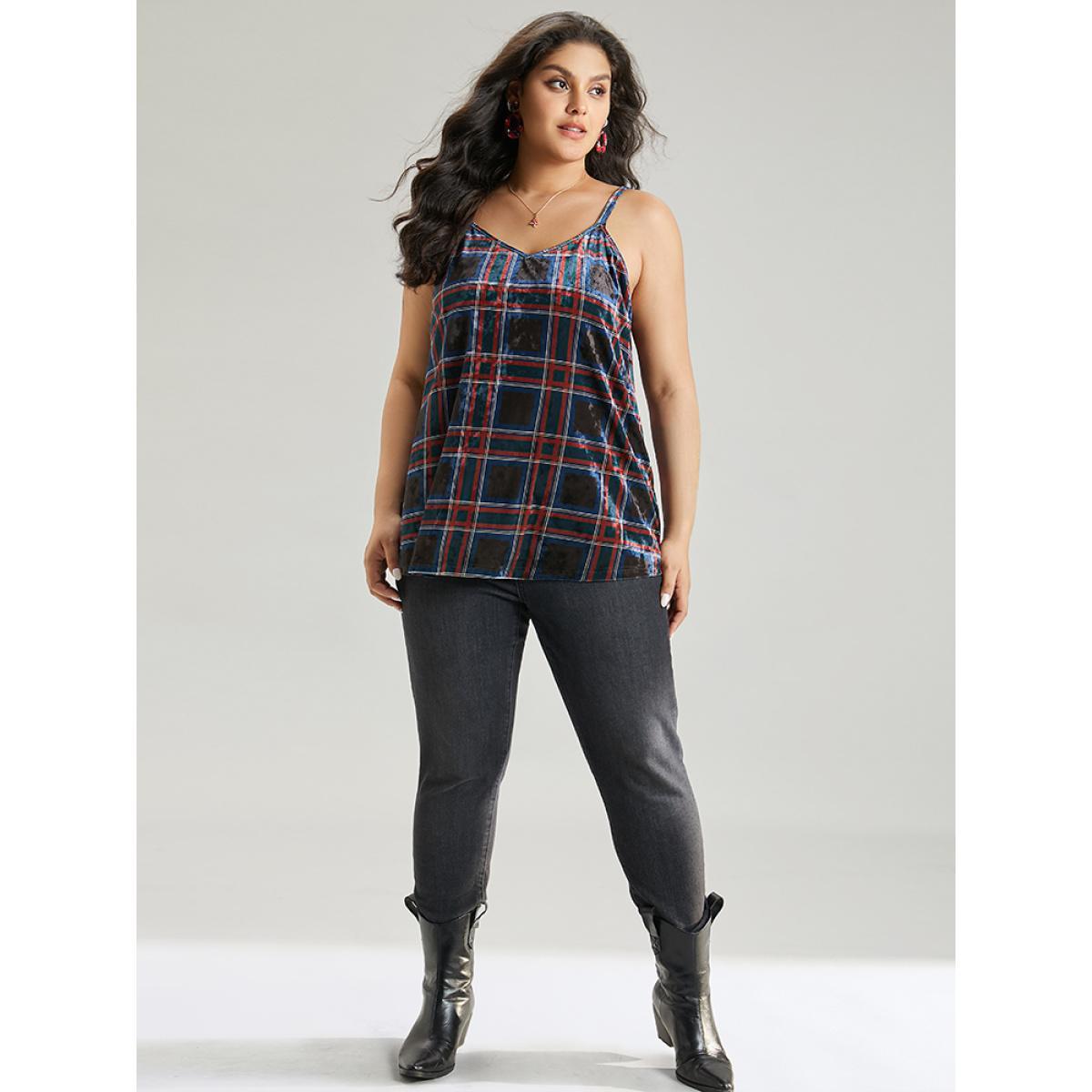 Plus Size Plaid Print Adjustable Straps Cami Top Women Multicolor Casual Adjustable Straps Spaghetti Strap Festival-Christmas Tank Tops Camis BloomChic 30/6X Product Image