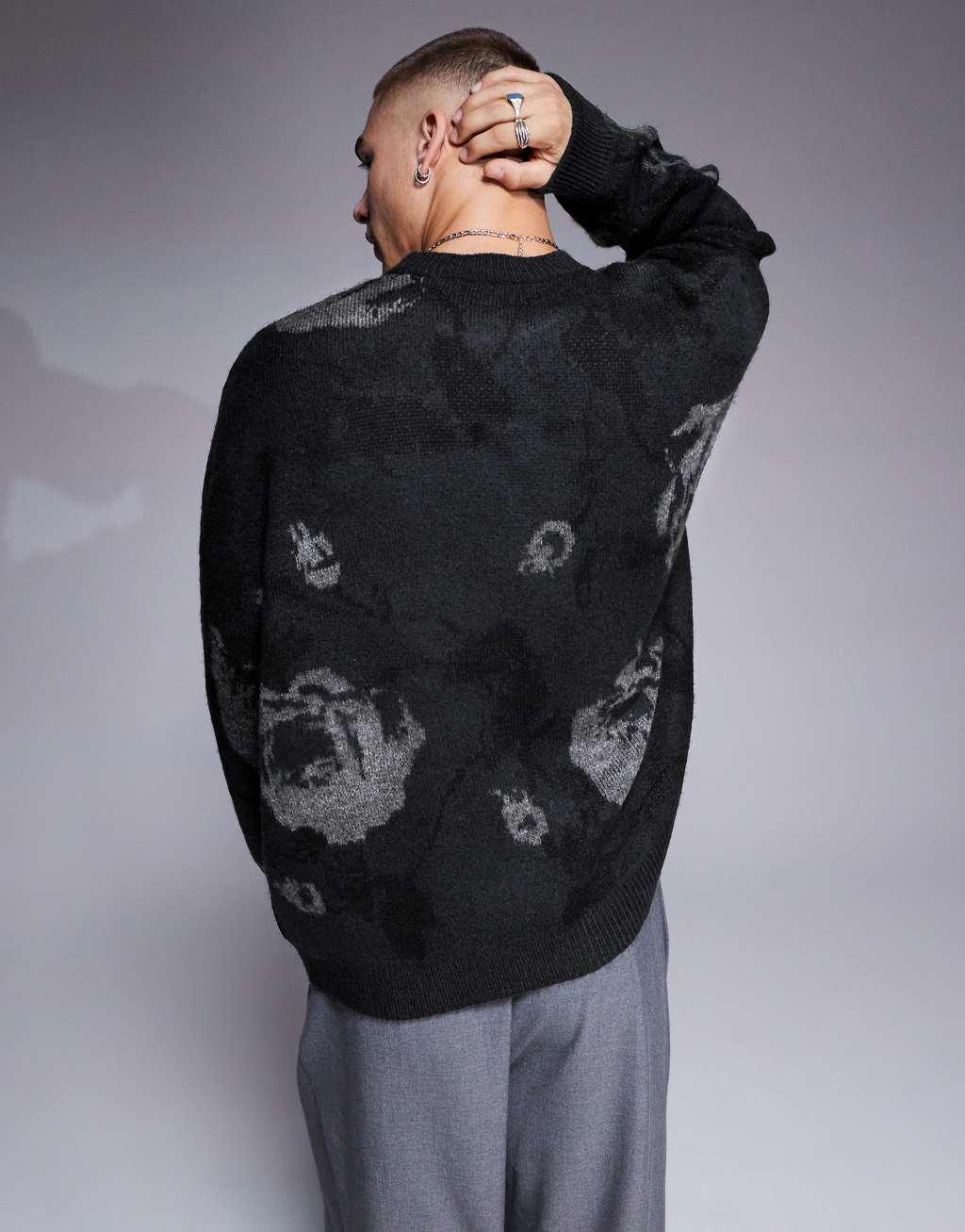 ASOS DESIGN super oversized boxy fit brushed knit crew neck sweater with floral pattern in black Product Image