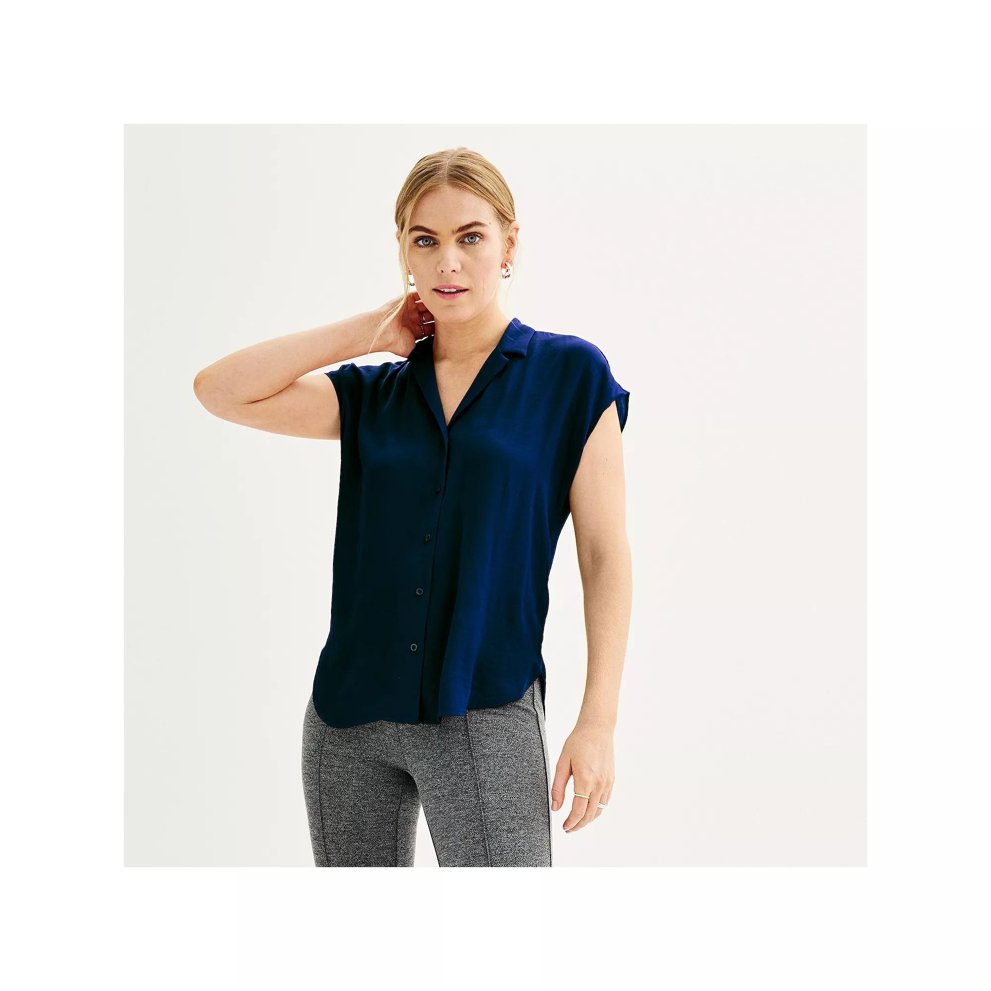 Women's Petite Nine West Short Sleeve Easy Lapel Shirt, Size: XXL Petite, Black Product Image
