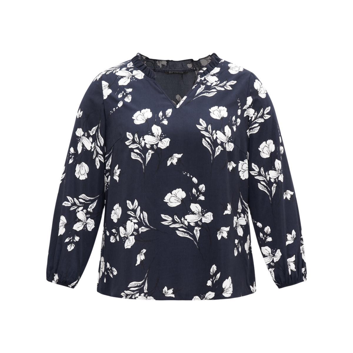 Plus Size Indigo Silhouette Floral Print Ruffles Lantern Sleeve Blouse Women Elegant Long Sleeve V-neck Vacation Blouses BloomChic 12/L Product Image