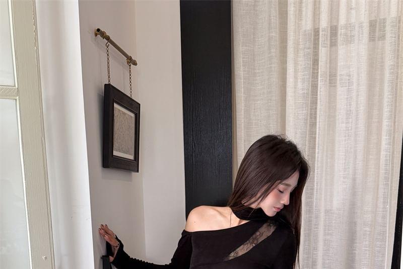 Long-Sleeve Halter Neck Off-Shoulder Plain Asymmetrical Lace Panel Maxi Sheath Dress Product Image