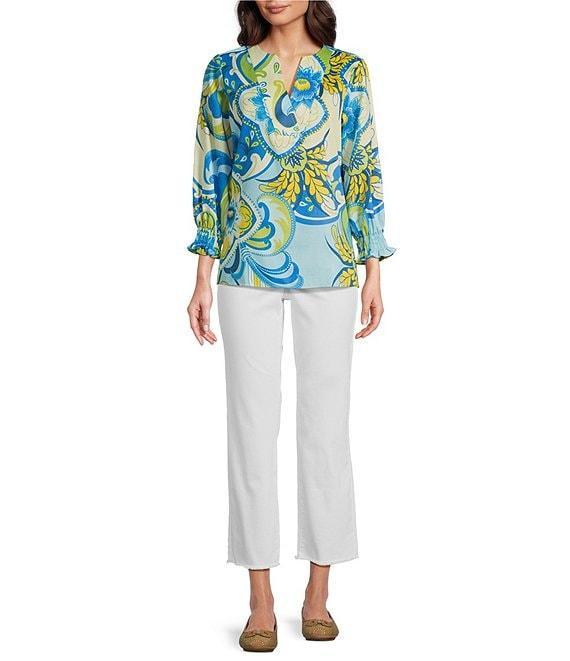 Foxcroft Alicia Floral Cotton Sateen 3/4 Sleeve V-Neck Top Product Image
