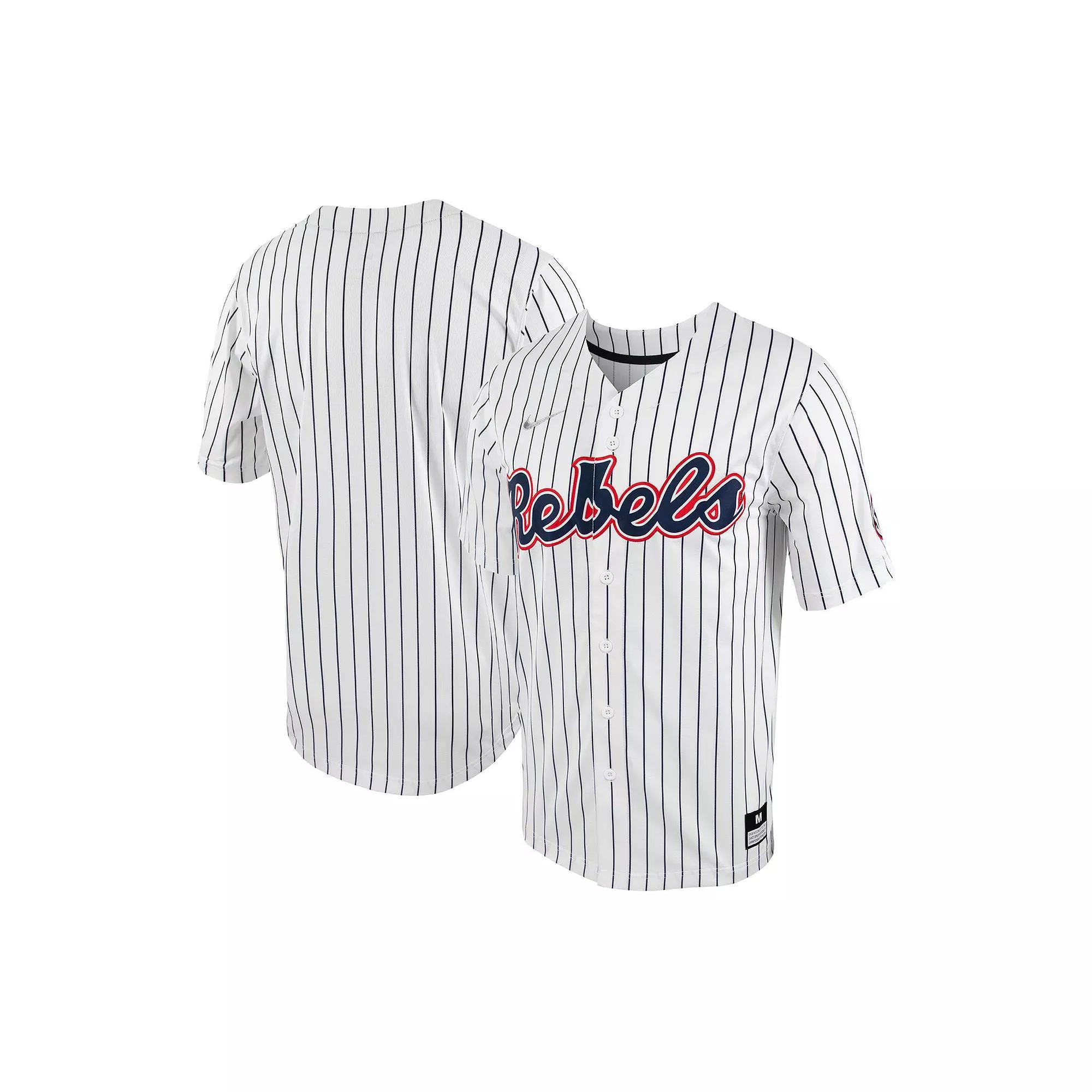 Men's Nike White/Navy Ole Miss Rebels Pinstripe Replica Full-Button Baseball Jersey, Size: 3XL Product Image