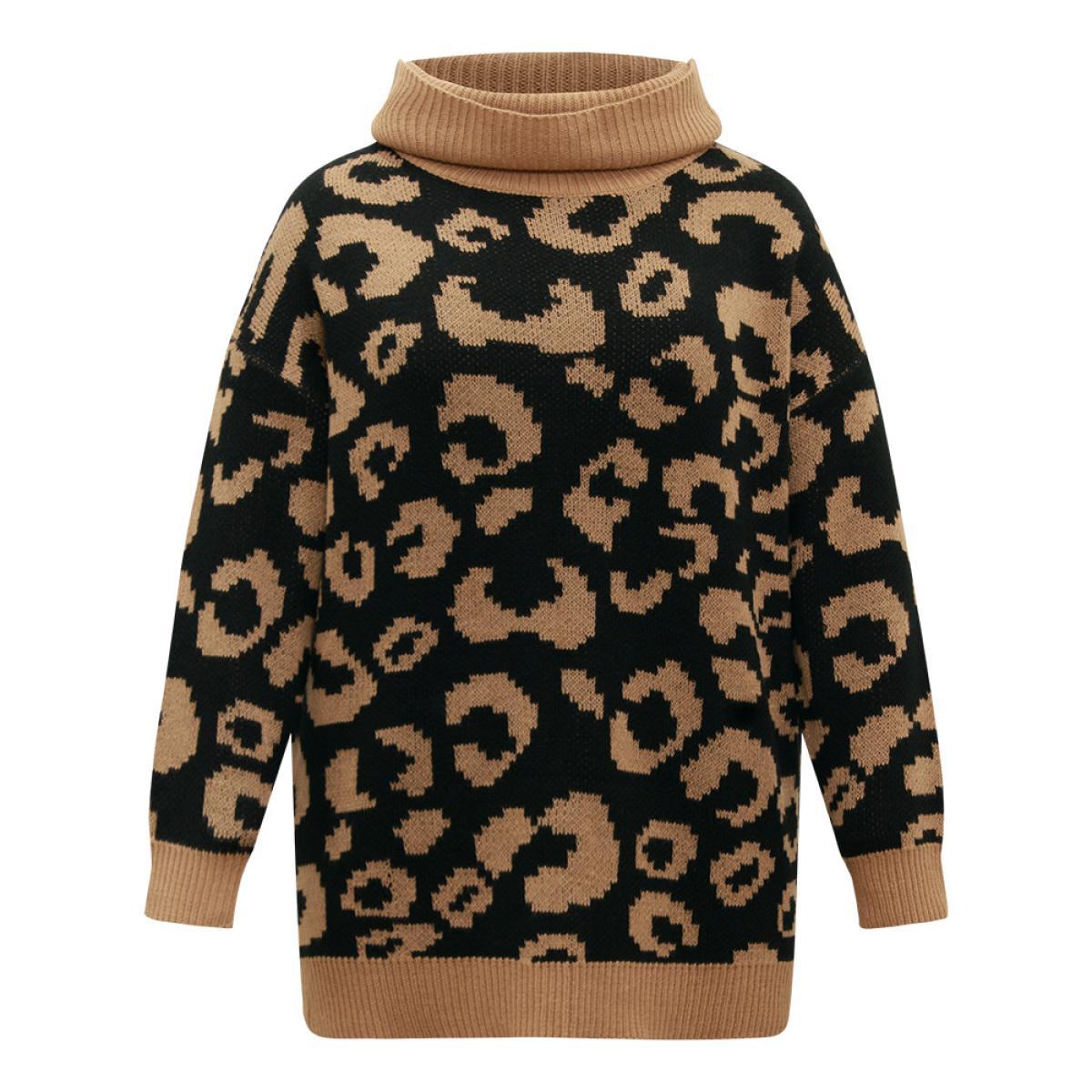 Plus Size Leopard Contrast Jacquard Turtleneck Pullover Bronze Women Casual Loose Long Sleeve Turtleneck Dailywear Pullovers BloomChic 18-20/2X Product Image