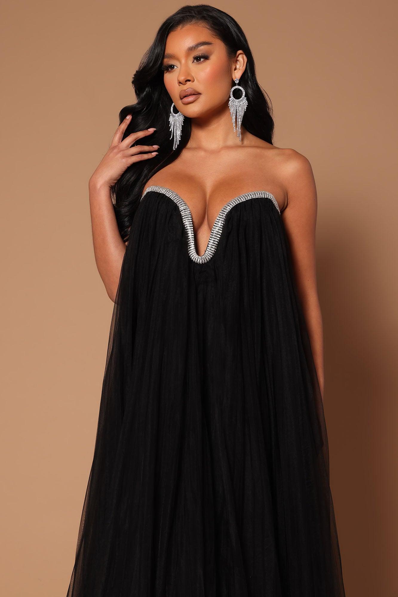 Belle Crystal Trim Tulle Maxi Dress - Black Product Image