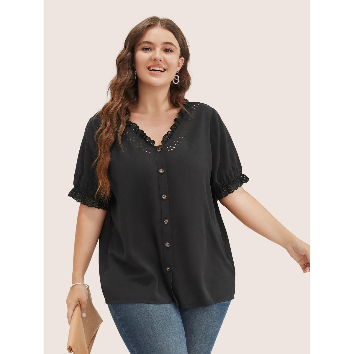 Plus Size Black Solid Lace Trim Button Up Laser Cut Puff Sleeve Blouse Women Elegant Short sleeve V-neck Everyday Blouses BloomChic 26/4X Product Image
