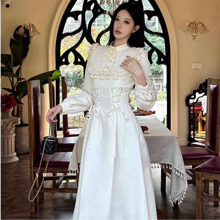 Long-Sleeve Stand Collar Plain Lace Trim Pintuck Lace-Up Midi A-Line Dress Product Image