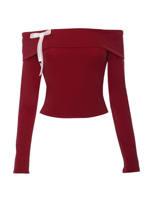 Contrast Bow Decor Off Shoulder Long Sleeve Tee Product Image