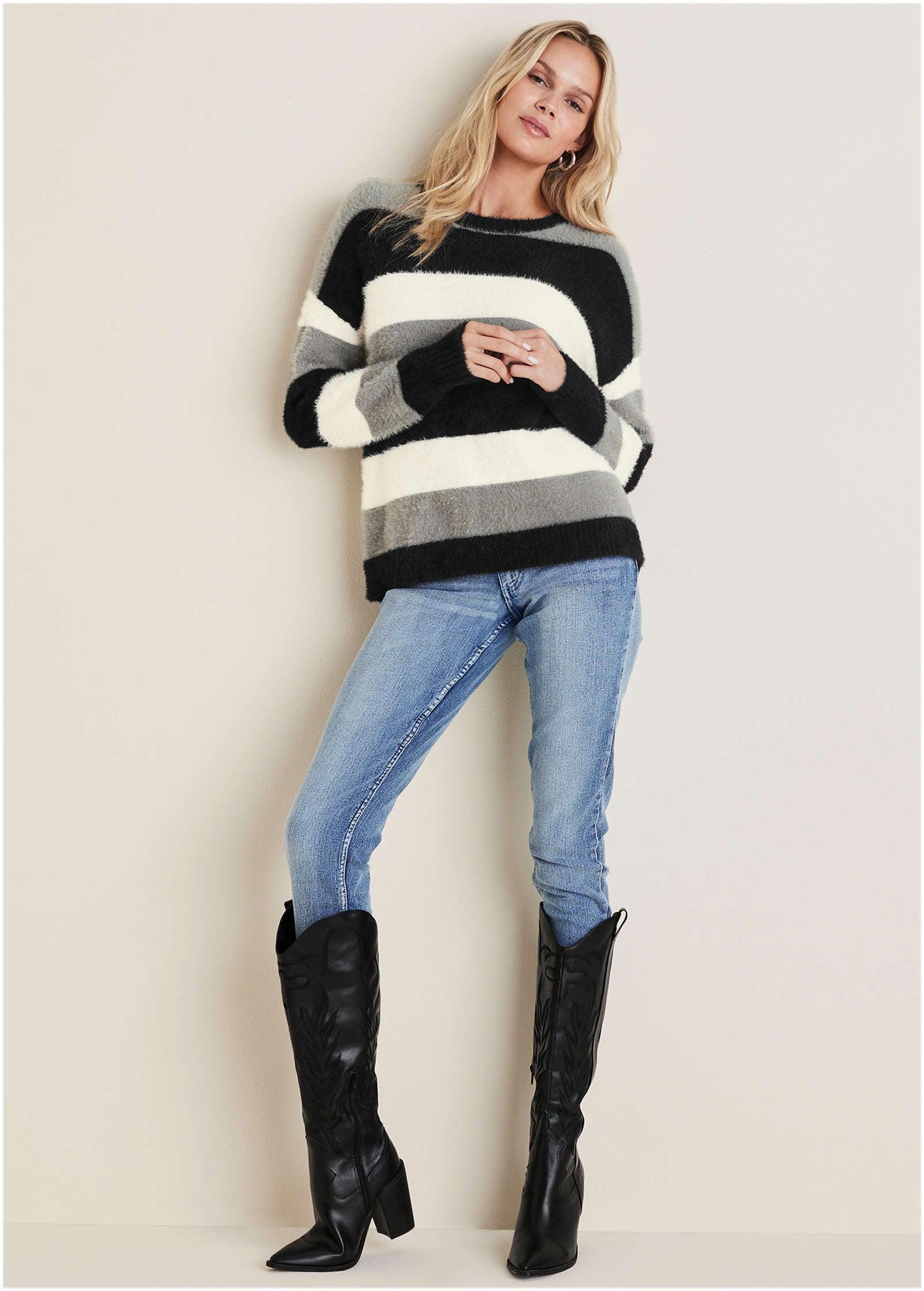 Eyelash Sweater - Black, White, & Grey Stripe Product Image