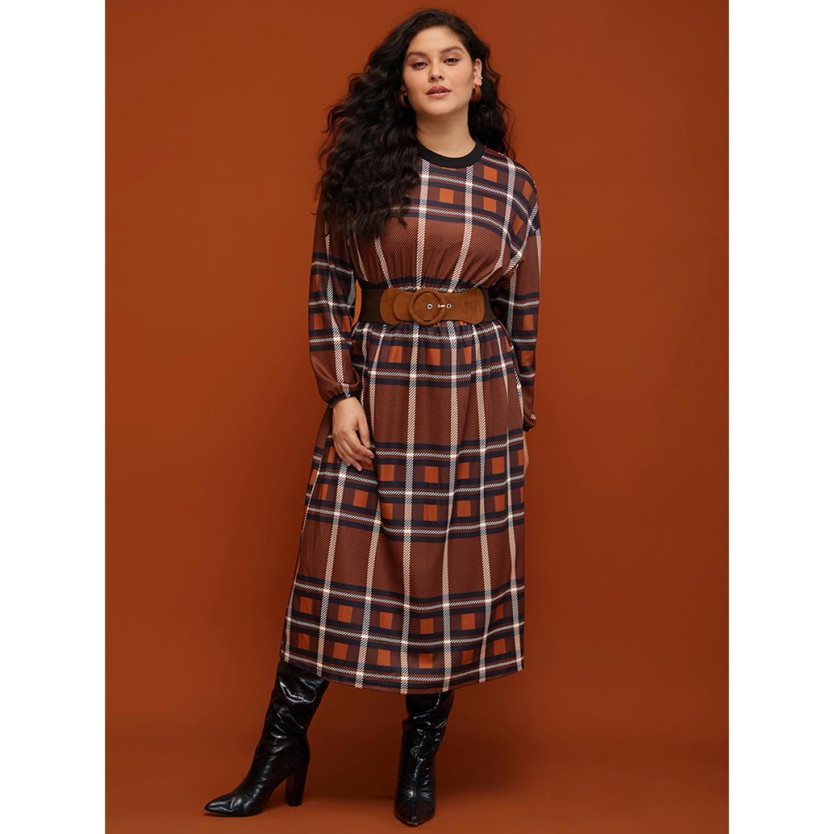 Plus Size Plaid Patchwork Round Neck Lantern Sleeve Pocket Midi Dress Tan Women Casual Patchwork Round Neck Long Sleeve Curvy Midi Dress BloomChic 18-20/2X Product Image