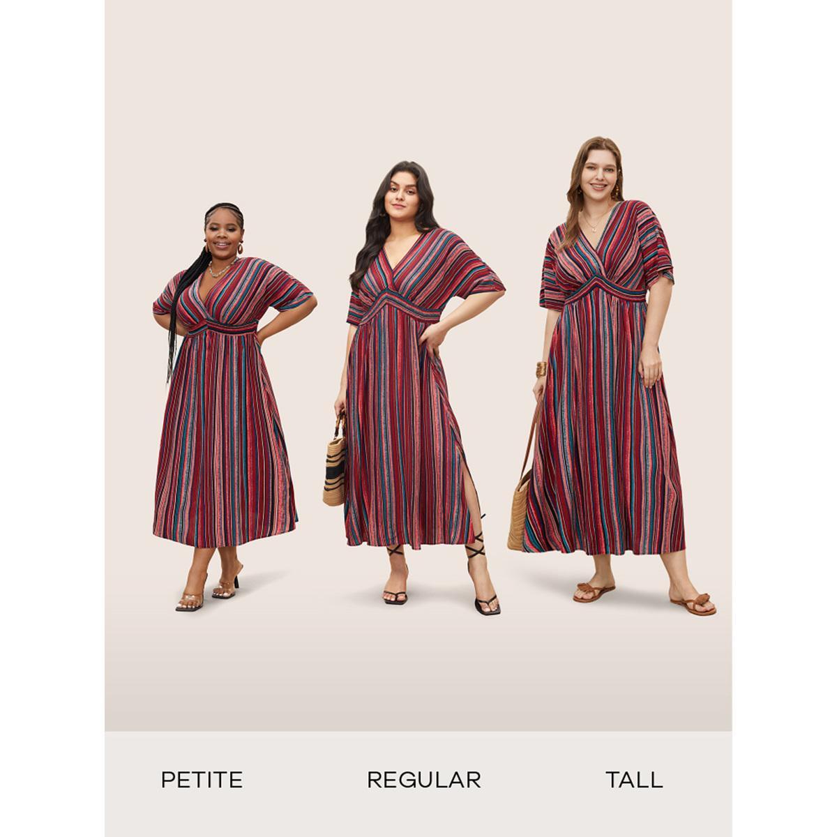 Plus Size Striped Contrast Dolman Sleeve Shirred Pocket Split Flutter Dress Rosered Women Resort Non V-neck Half Sleeve Curvy BloomChic 10/M Product Image