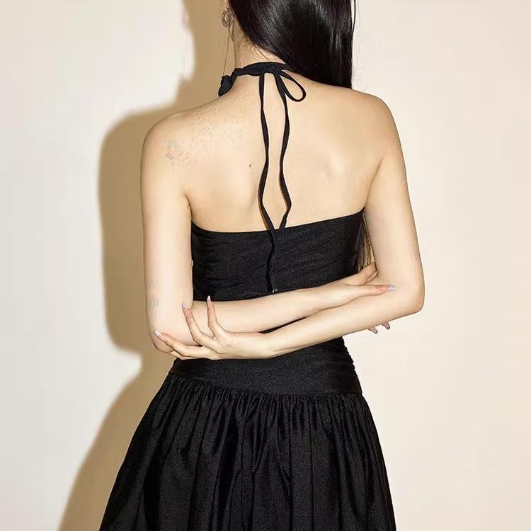 Halter Plain Flower Detail Ruched Swimdress Product Image