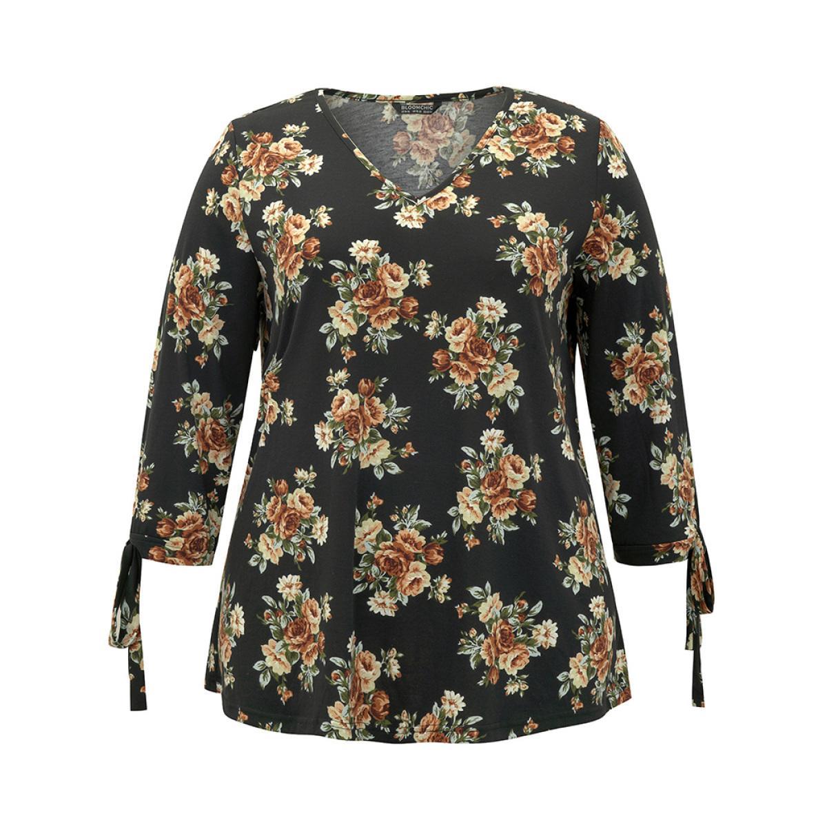 Plus Size Floral Print V Neck Ties Sleeve T-shirt Black Women Casual Cross straps Floral V-neck Dailywear T-shirts BloomChic 18-20/2X Product Image