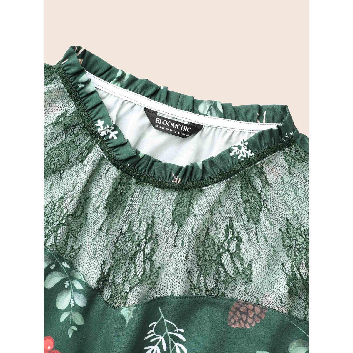 Plus Size Lace Trim Sheer Neckline Midi Dress Truegreen Women Elegant Woven ribbon&lace trim Mock Neck Long Sleeve Curvy BloomChic 10/M Product Image
