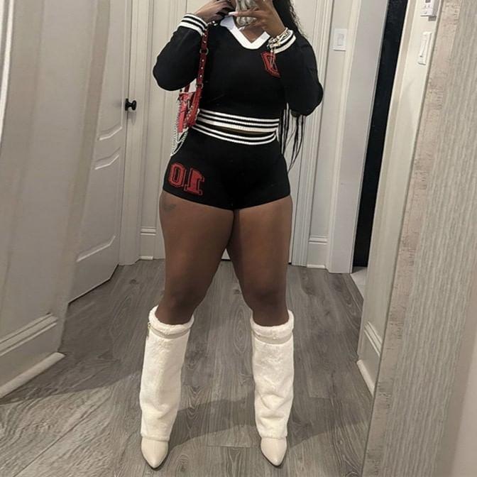 Set: Long-Sleeve V-Neck Crop Knit Top + Hot Pants Product Image
