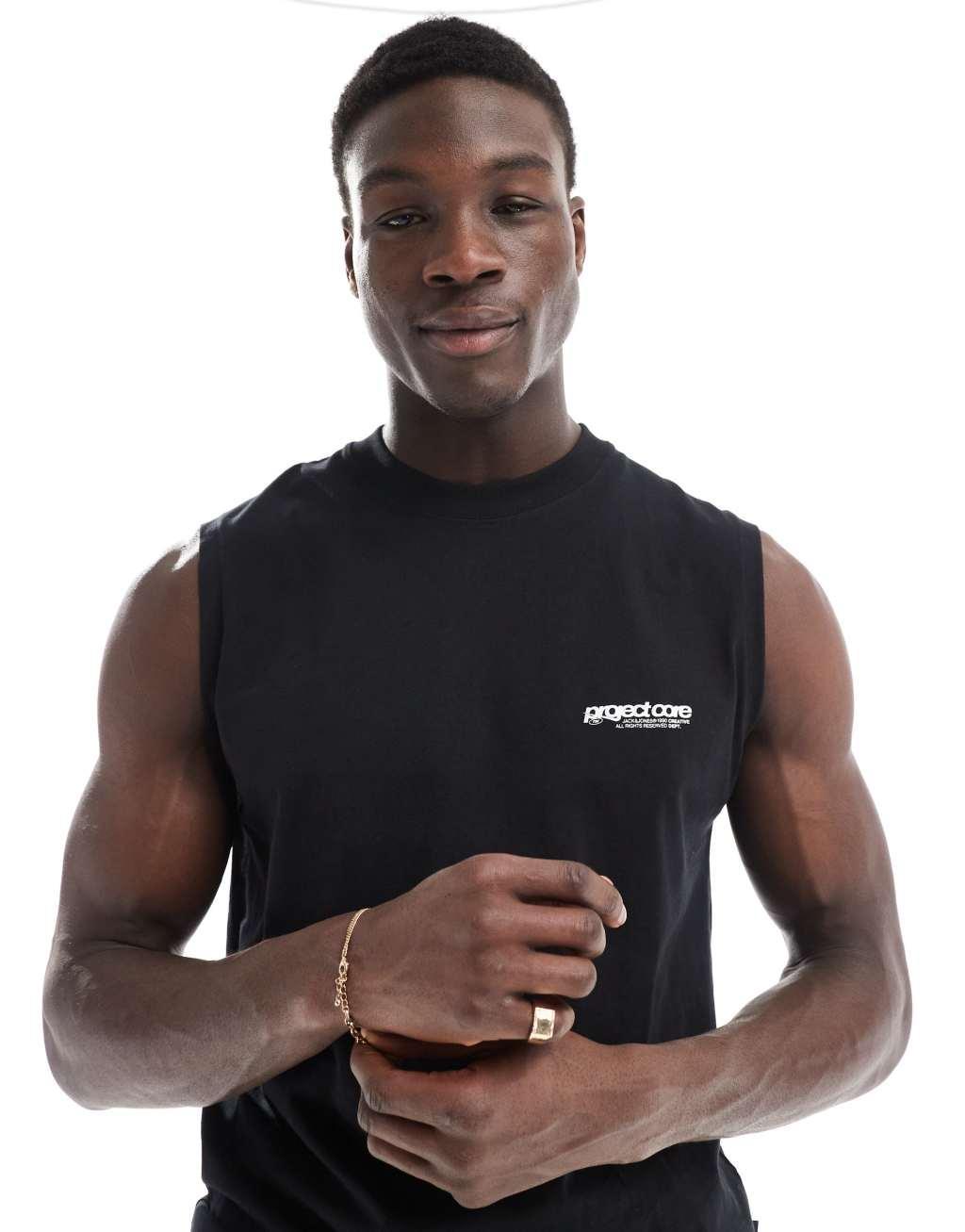 Jack & Jones oversized tank top in black with backprint Product Image