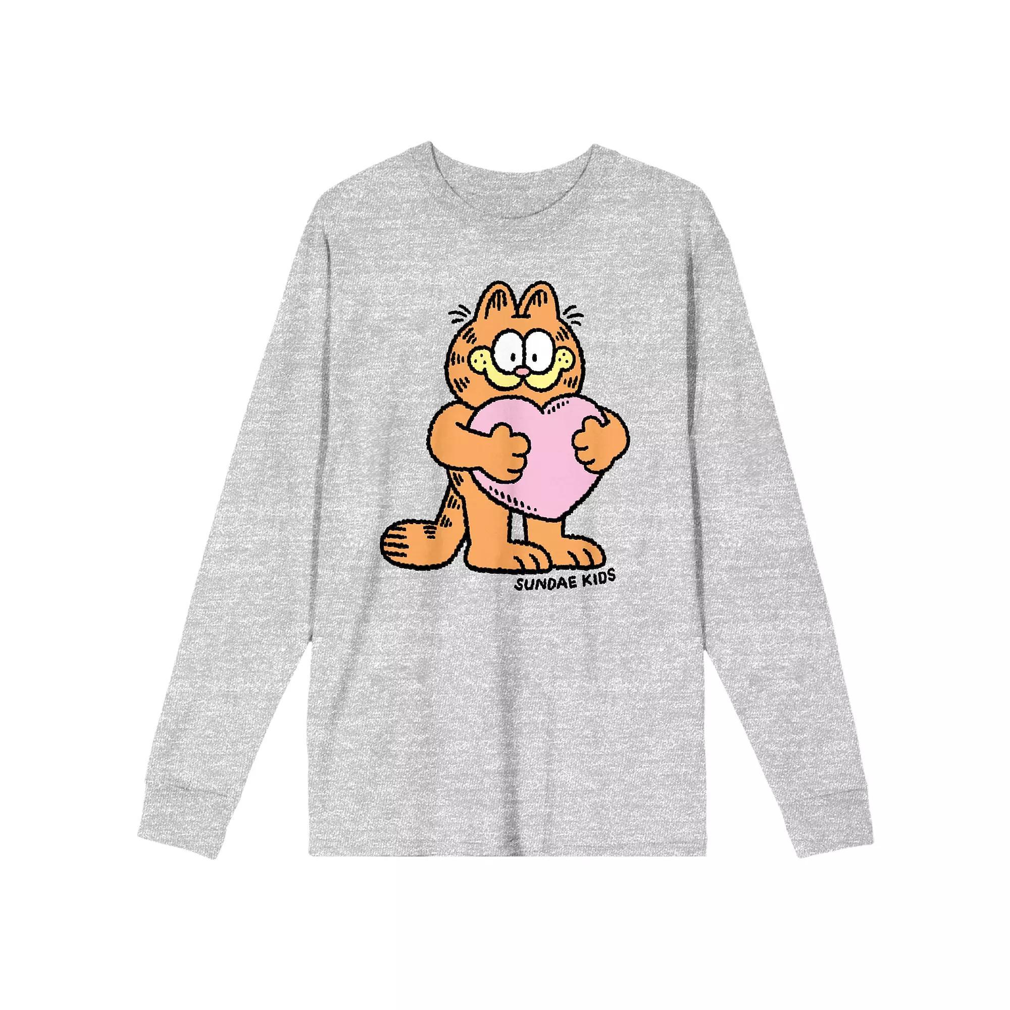 Men's Garfield With Pink Heart Long Sleeve Tee, Size: Small, Gray Product Image
