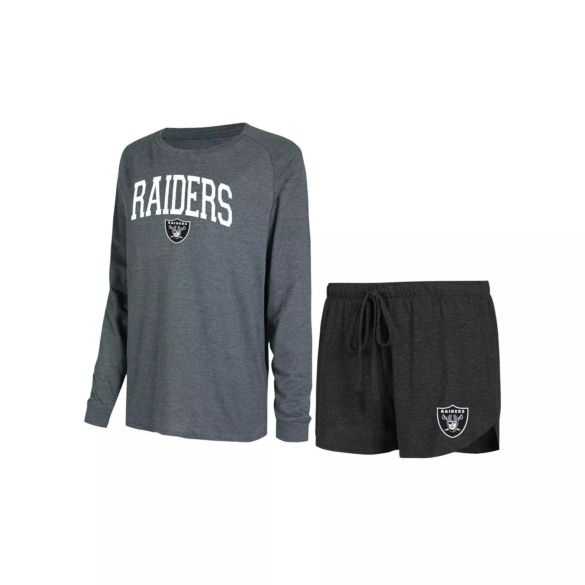 Womens Concepts Sport Black/Charcoal Las Vegas Raiders Raglan Long Sleeve T-Shirt & Shorts Lounge Set Product Image