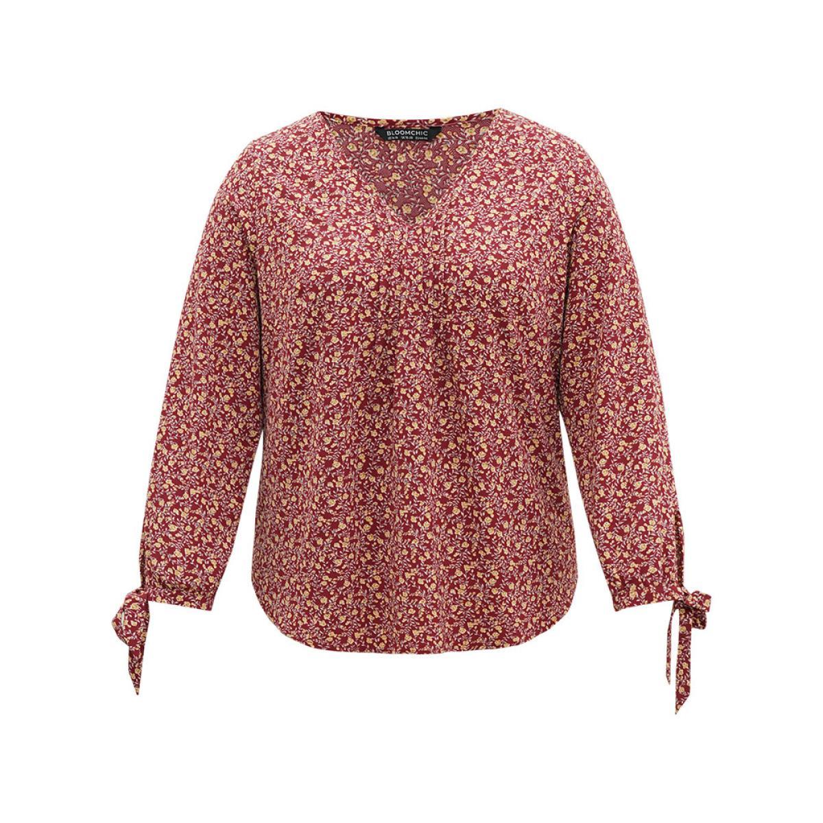 Plus Size Scarlet Ditsy Floral Ties V Neck Pleated Blouse Women Elegant Long Sleeve V-neck Dailywear Blouses BloomChic 22-24/3X Product Image