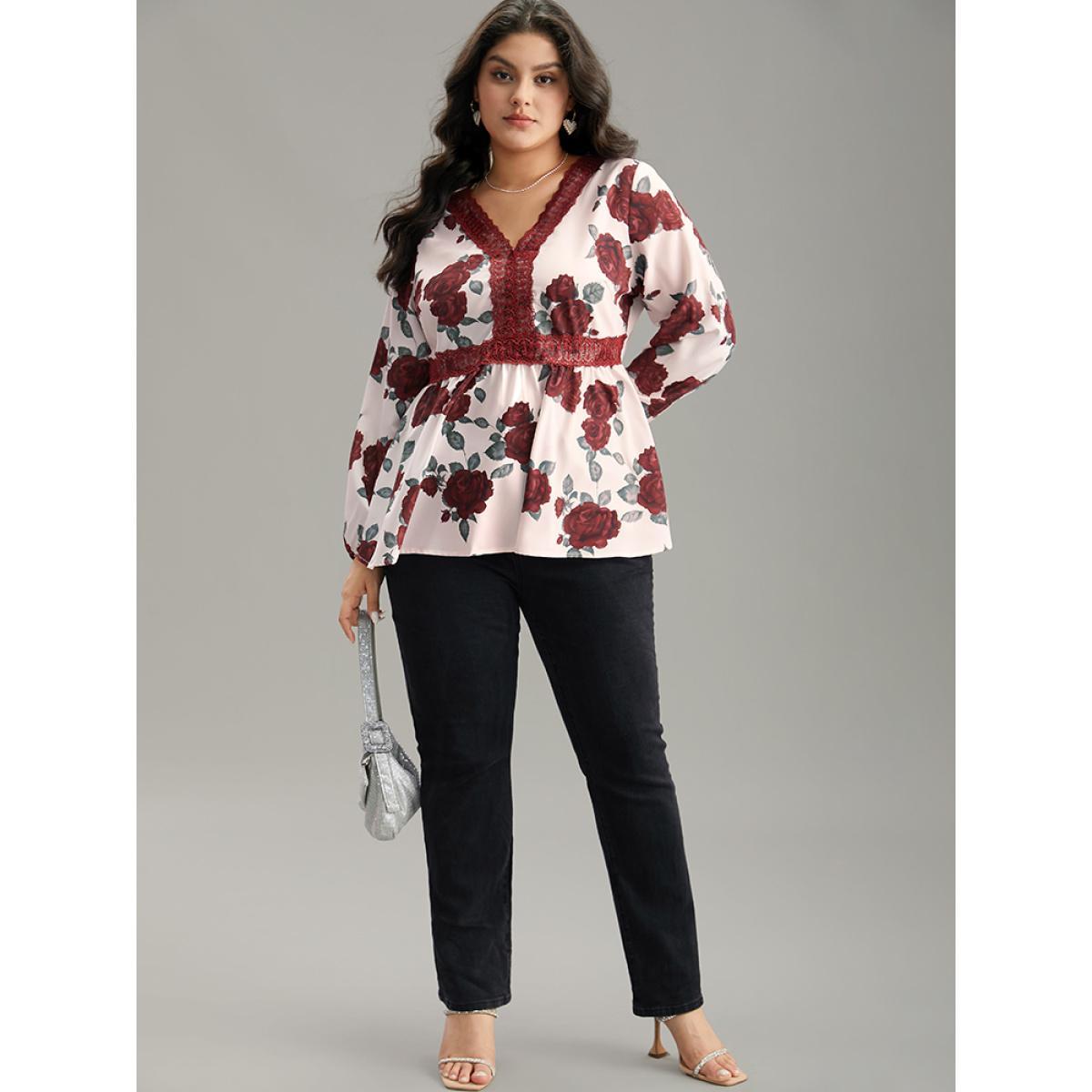 Plus Size Scarlet Floral Print Eyelet Lace Lantern Sleeve Blouse Women Glamour Long Sleeve V-neck Going out Blouses BloomChic 28/5X Product Image