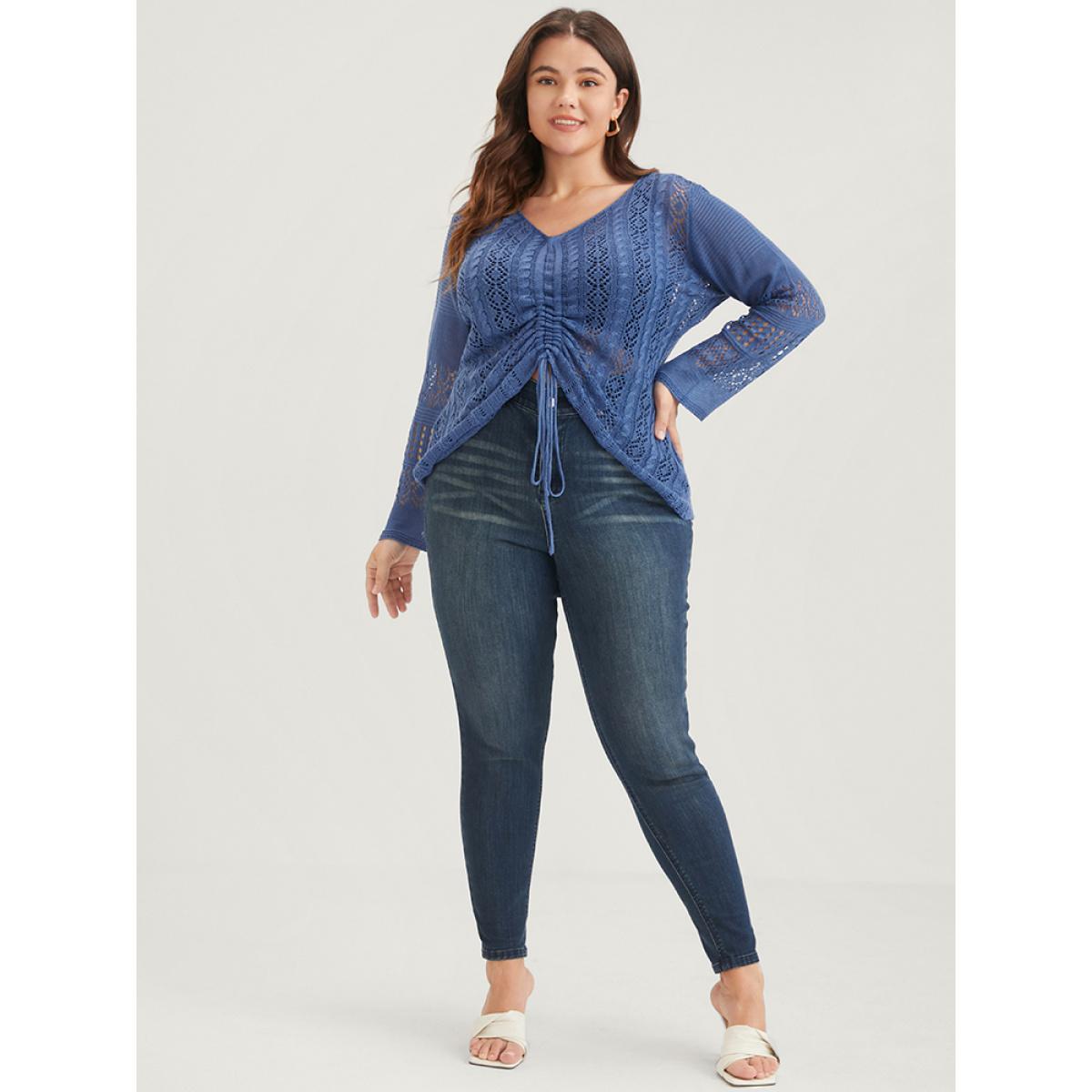 Plus Size Plain Pointelle Knit V Neck Crochet Drawstring Knit Top Blue Women Elegant Long Sleeve V-neck Dailywear Pullovers BloomChic 22-24/3X Product Image