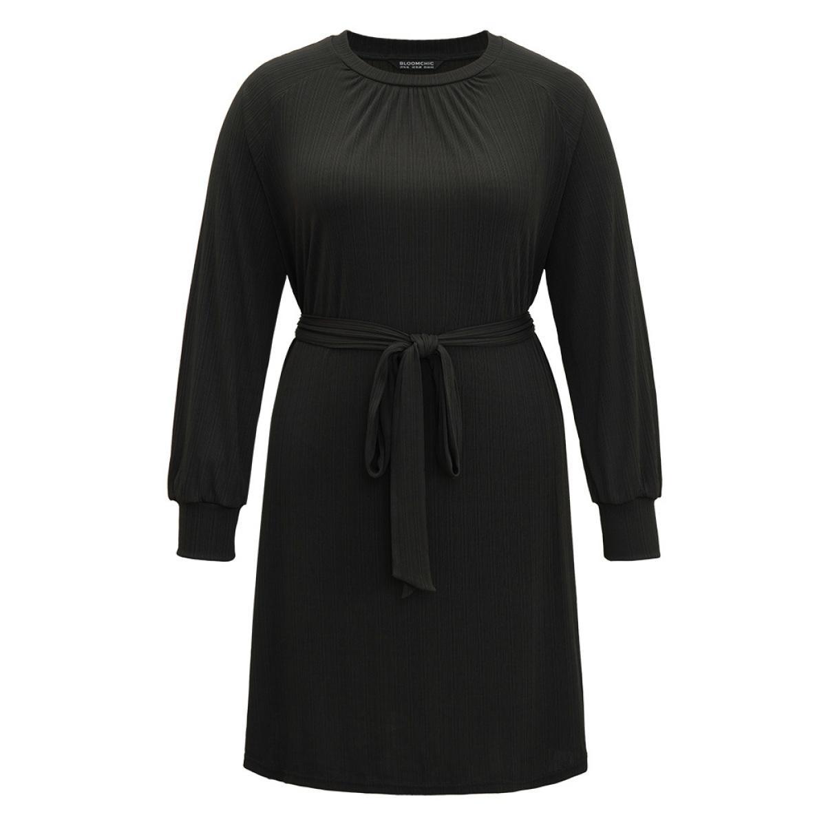Plus Size Rib Knit Solid Pocket Pleated Belted Dress Black Women Casual Plain Round Neck Long Sleeve Curvy Midi Dress BloomChic 12/L Product Image