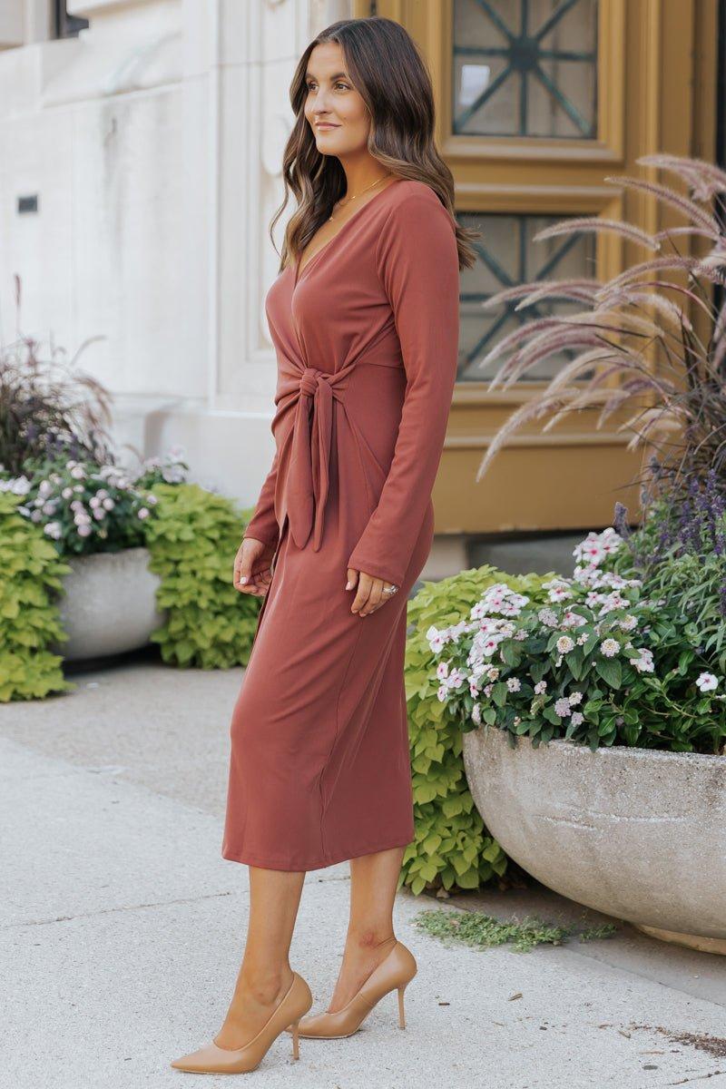 Surplice Ribbed Midi Wrap Dress - Brick - FINAL SALE Female Product Image