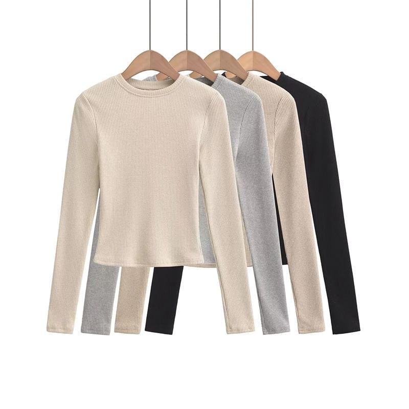 Long Sleeve Crew Neck Plain Ribbed Tee Product Image