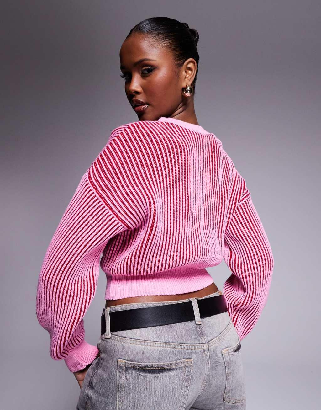ASOS DESIGN knit crew neck plated sweater with ribbed hem detail in pink Product Image