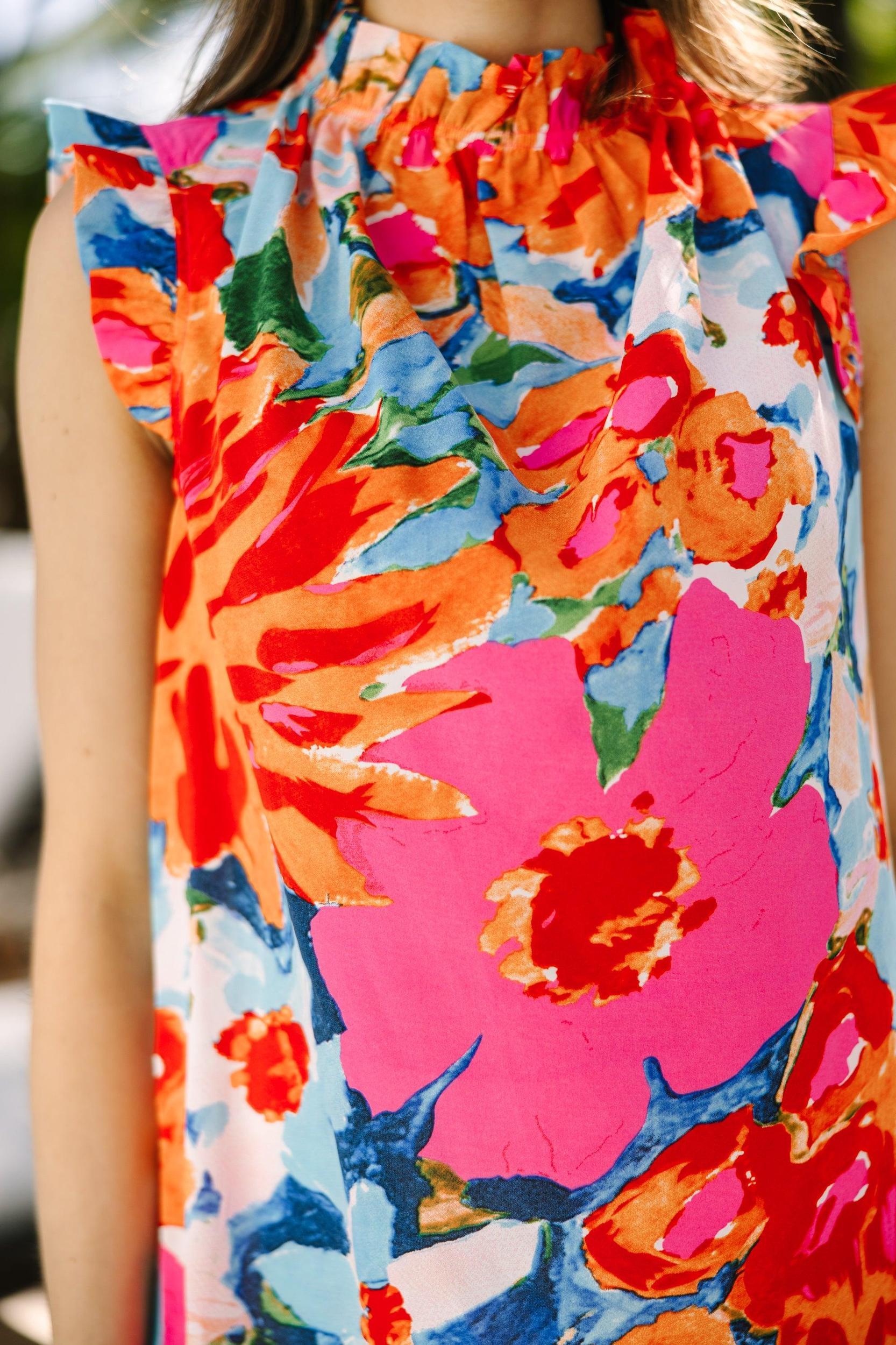 Put It To The Test Coral Orange Floral Tank Female Product Image