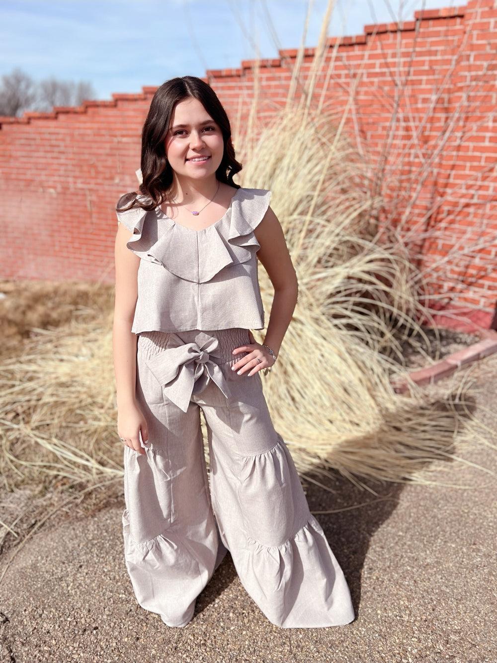 Oatmeal Smocking Waist Tier Wide Leg Pants Product Image