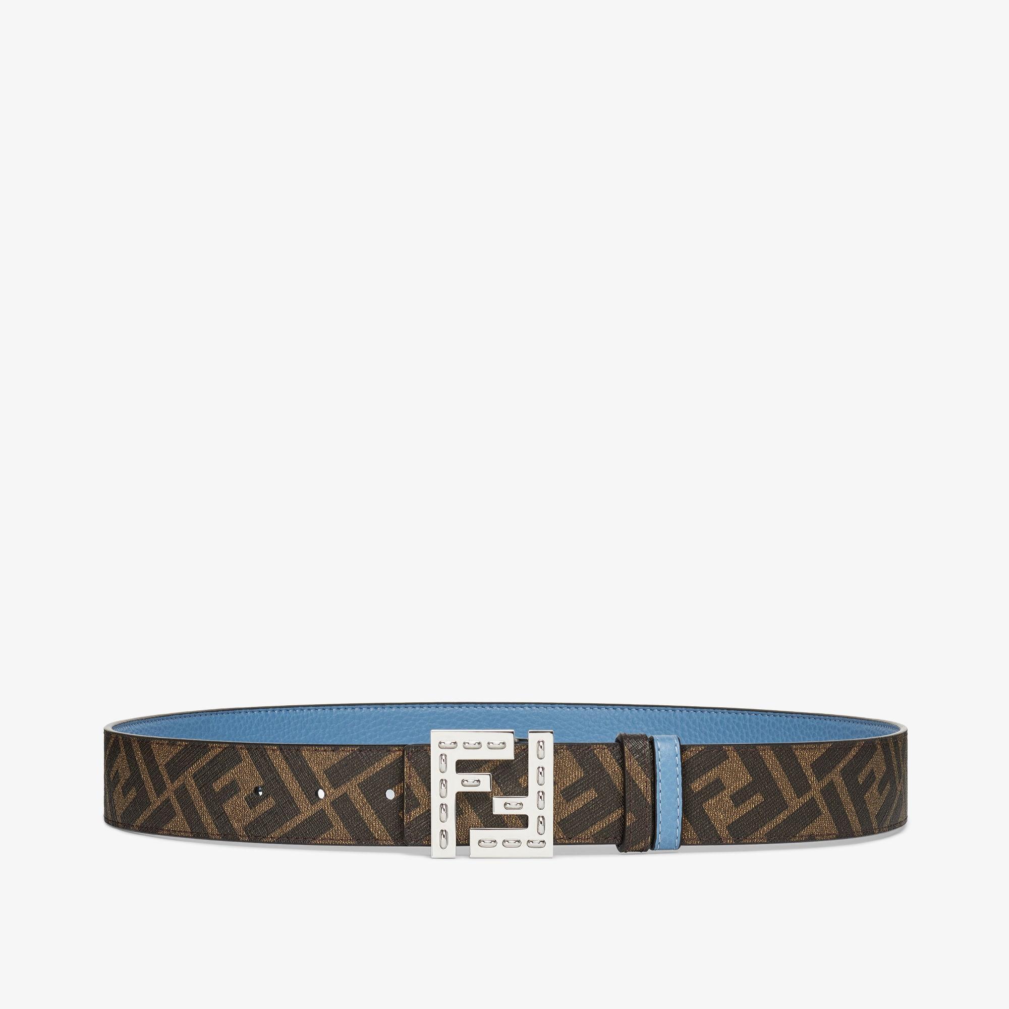 FF Squared BeltLight blue Cuoio Romano leather and black FF canvas reversible belt Product Image