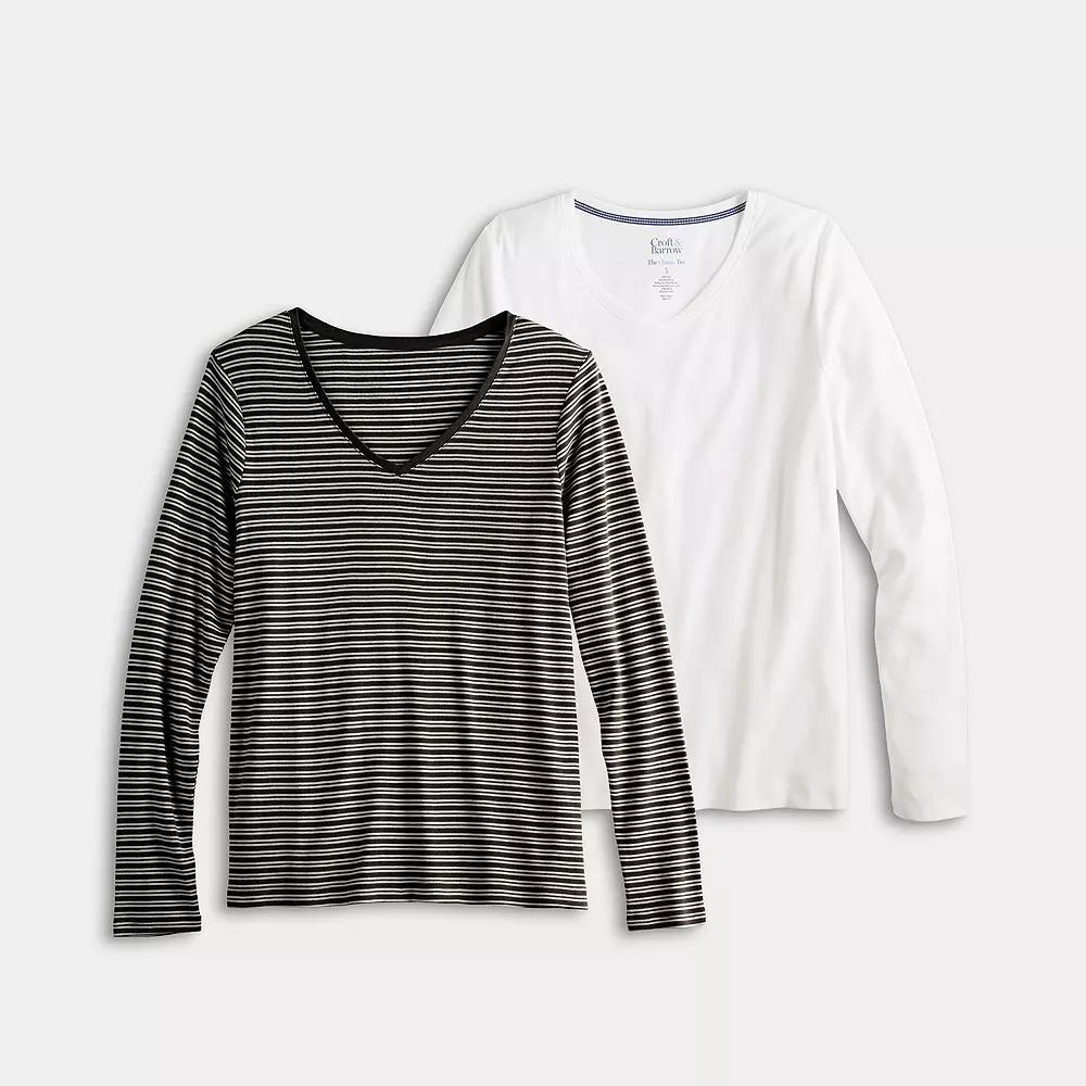 Women's Croft & Barrow® Long Sleeve 2-Pack V-Neck Tees, Size: Medium, Stripe White Pack Product Image