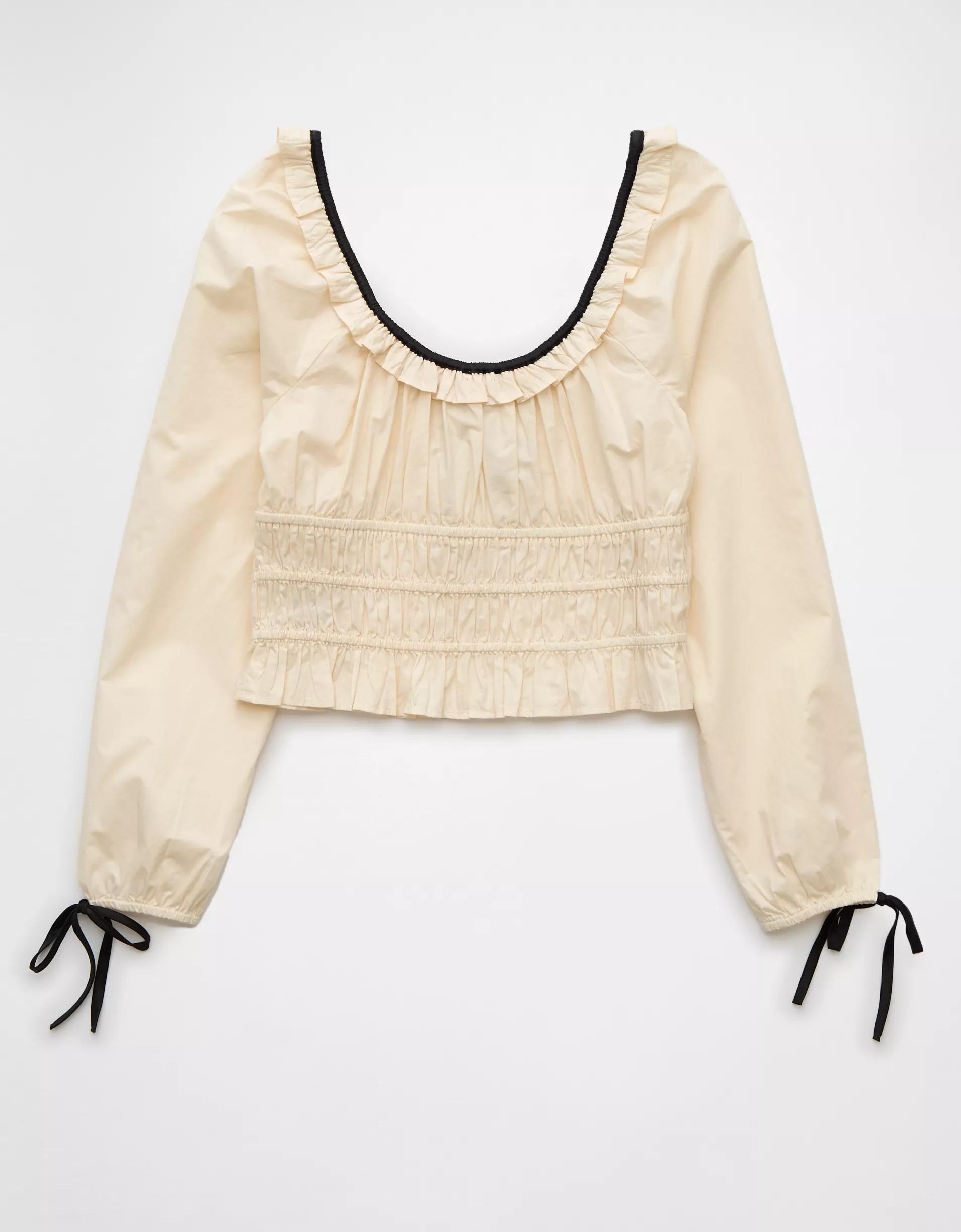 AE Long-Sleeve Ruched Poplin Blouse Product Image